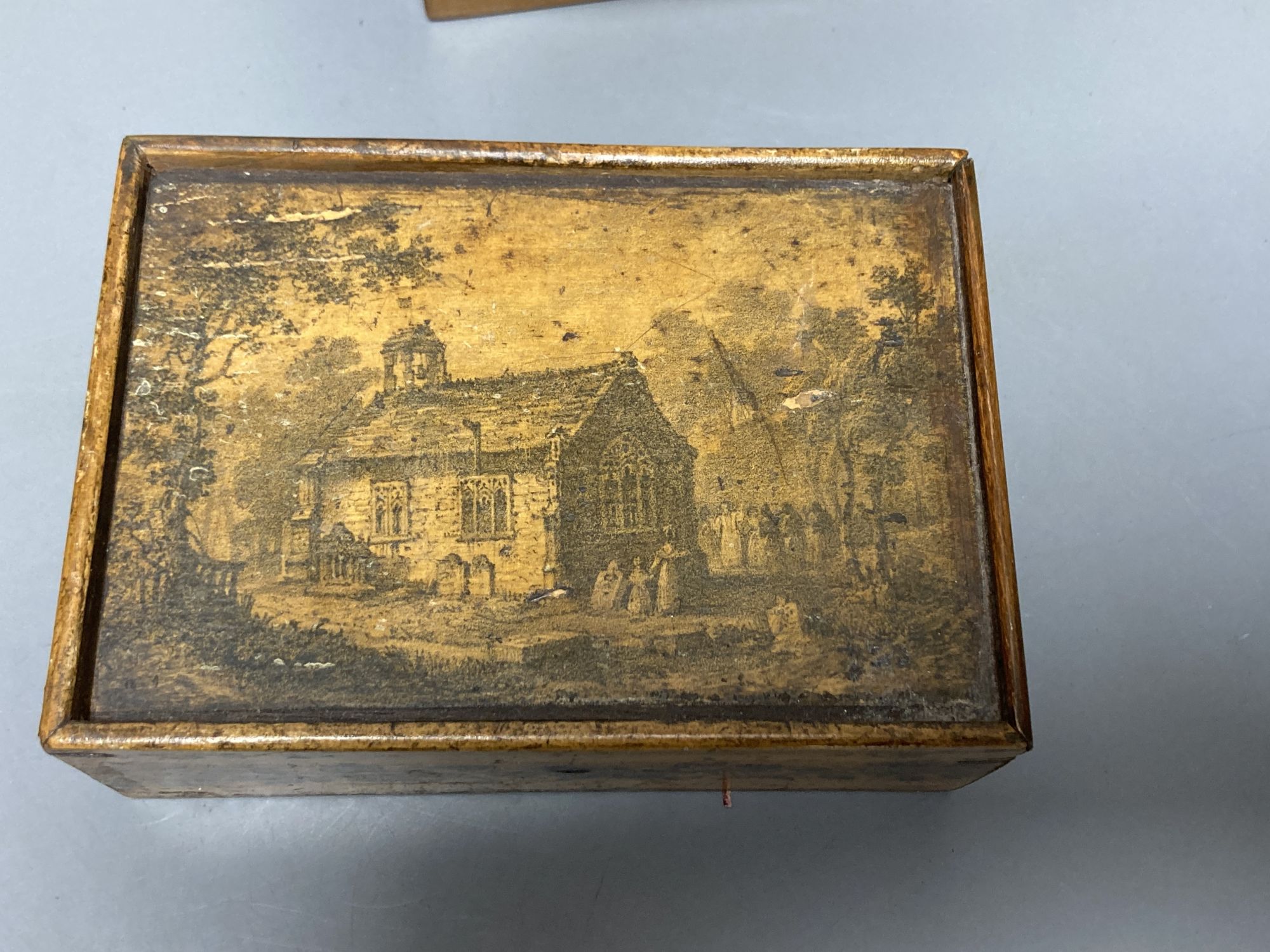 Two early Tunbridge ware sycamore boxes with views of Sussex? churches, early 19th century, 12.5 and 18cm